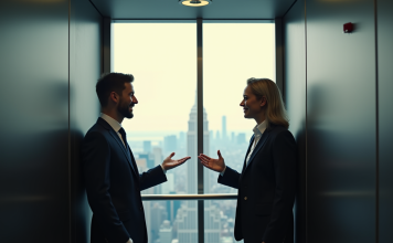 Discours d’ascenseur : en quoi ça consiste, comment le réussir ? Deux professionnels en ascenseur discutant en milieu urbain