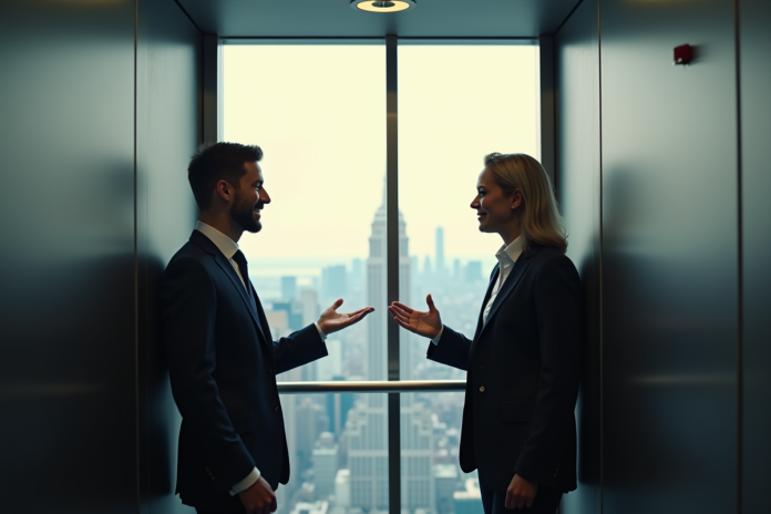 Deux professionnels en ascenseur discutant en milieu urbain