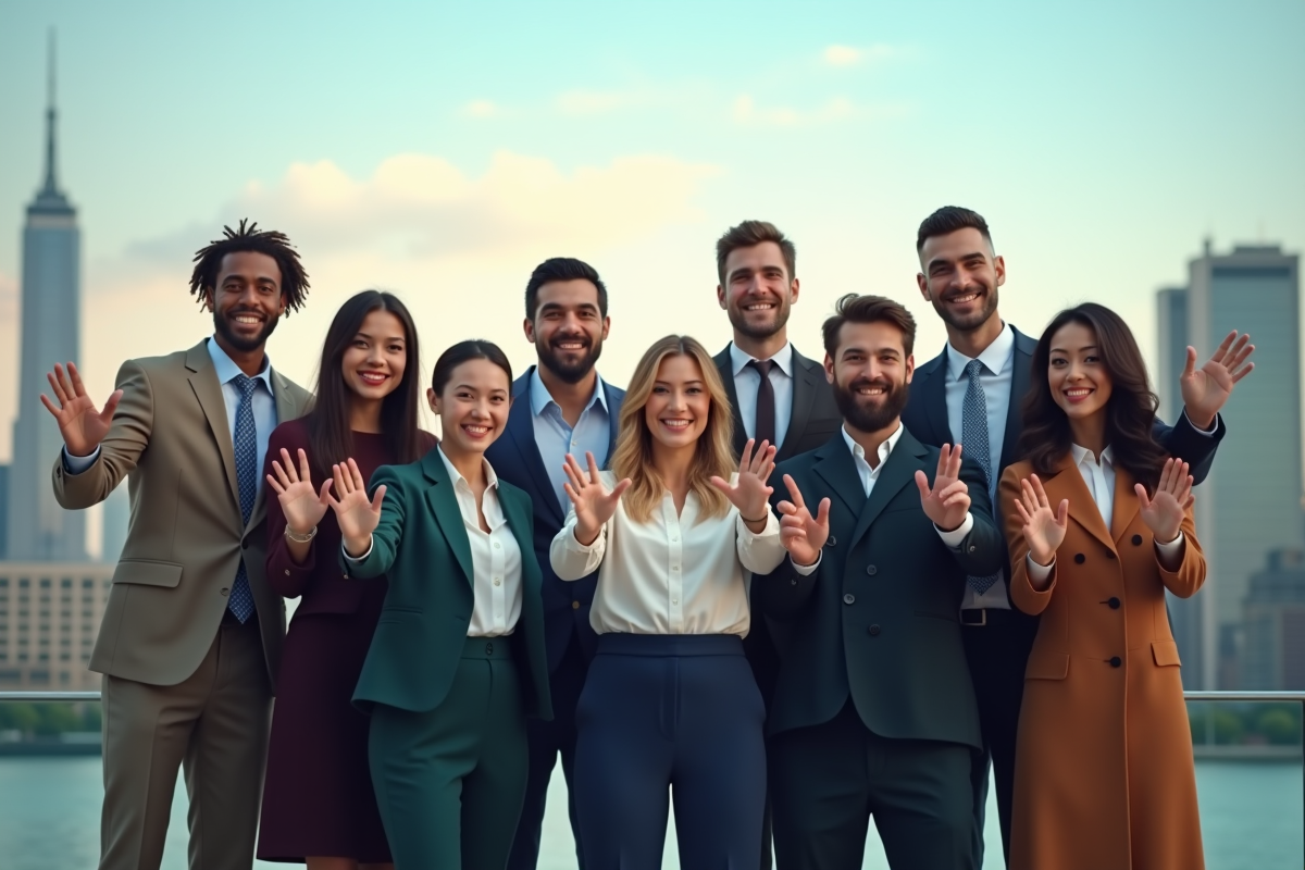 Plusieurs professionnels formant un V avec leurs bras devant la ville