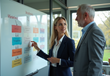 Deux professionnels en réunion avec diagrammes marketing 4P et 7P