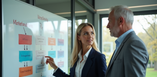 Deux professionnels en réunion avec diagrammes marketing 4P et 7P