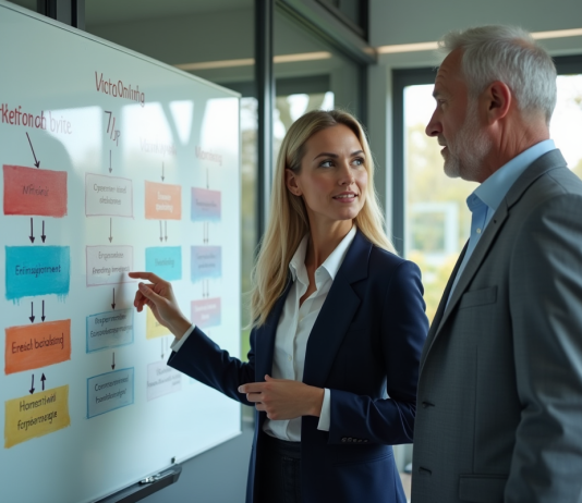 Deux professionnels en réunion avec diagrammes marketing 4P et 7P