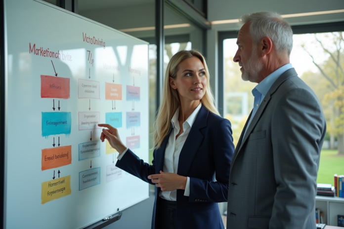 Deux professionnels en réunion avec diagrammes marketing 4P et 7P