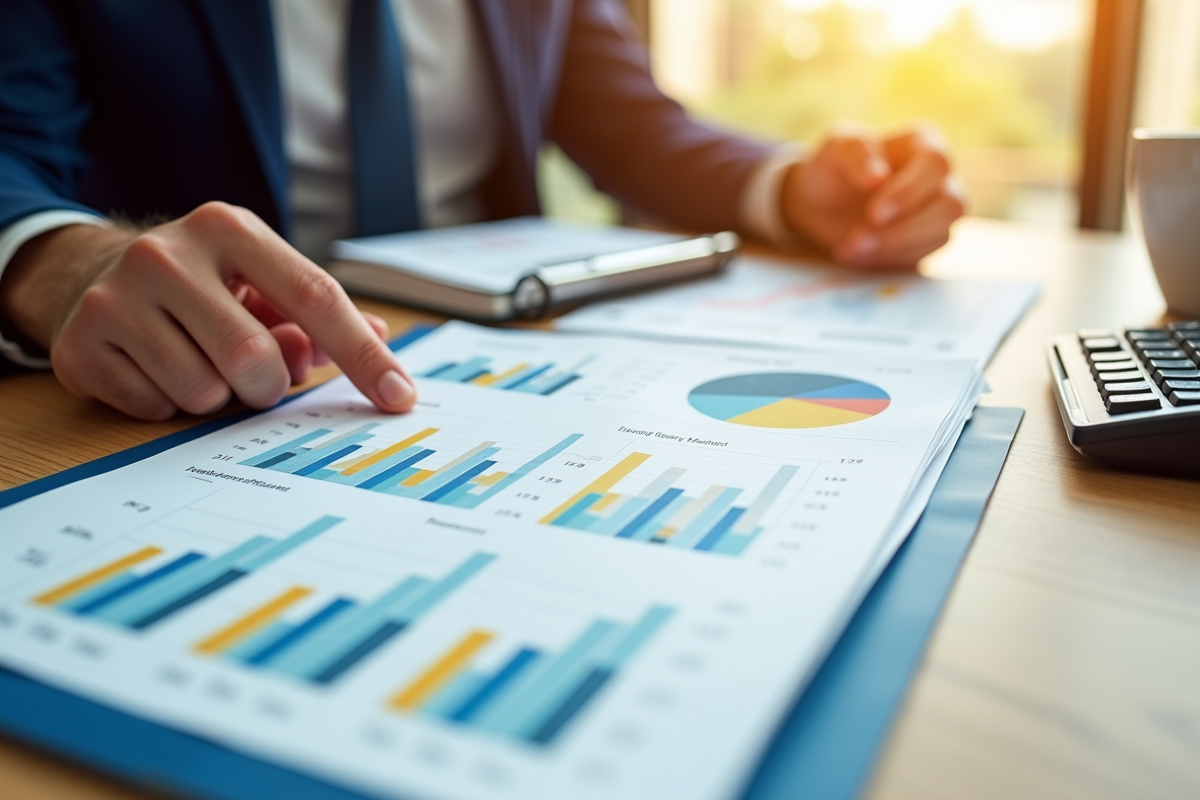 Main tenant un rapport financier avec graphiques colorés et chiffres