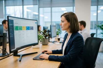 Recruteuse professionnelle analysant un tableau de suivi des candidatures sur un écran de bureau dans un open space moderne