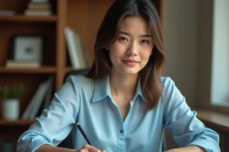 Jeune femme rédigeant une lettre de motivation à son bureau pour une formation d'auxiliaire de puériculture