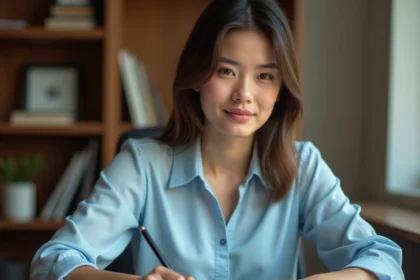 Jeune femme rédigeant une lettre de motivation à son bureau pour une formation d'auxiliaire de puériculture