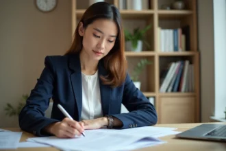 Femme consultant des documents administratifs pour sa réinscription à France Travail à son bureau à domicile