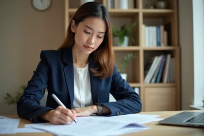 Femme consultant des documents administratifs pour sa réinscription à France Travail à son bureau à domicile