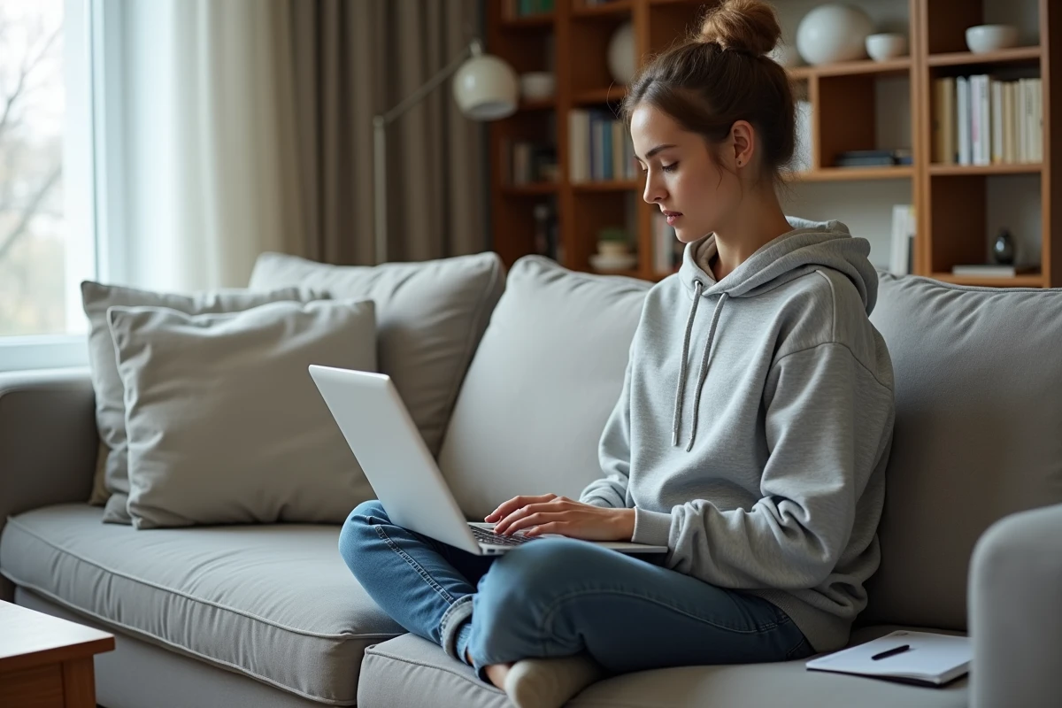 Jeune femme consultant le site France Travail sur un ordinateur portable pour préparer sa réinscription en ligne