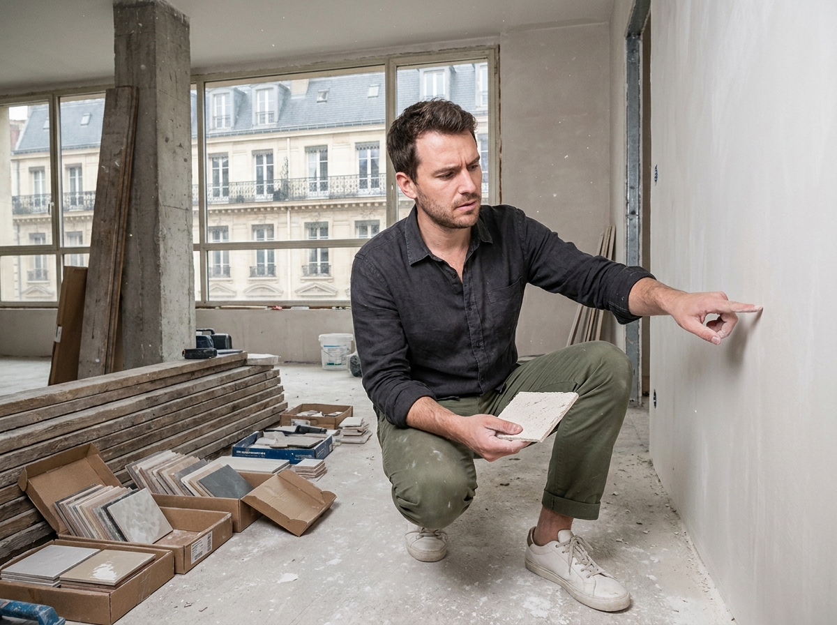 Architecte d'intérieur masculin inspectant des matériaux dans un appartement en rénovation à Lyon