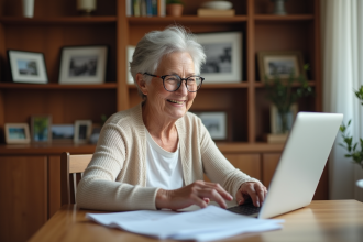 Femme retraitée souriante utilisant un ordinateur à la maison