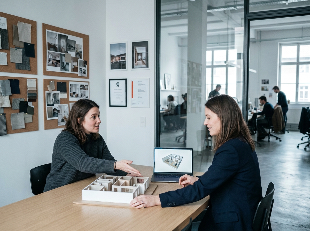 Deux professionnelles en architecture d'intérieur en réunion de travail dans une agence de design à Lyon