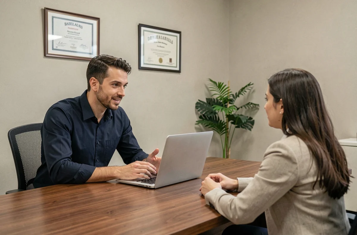 Homme adulte en séance de conseil d'orientation avec un conseiller professionnel dans un bureau de bilan de compétences