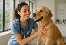 Jeune femme vétérinaire avec un chien dans une clinique moderne