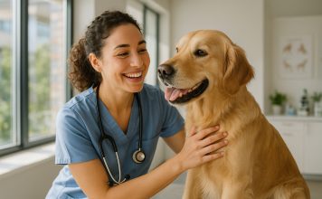 Changer de voie professionnelle : les métiers liés au bien-être animal Jeune femme vétérinaire avec un chien dans une clinique moderne