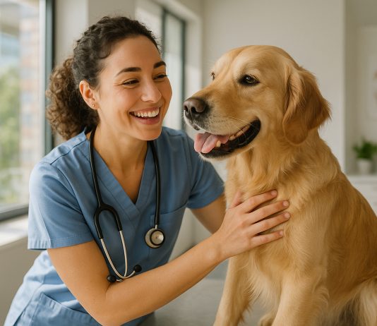 Jeune femme vétérinaire avec un chien dans une clinique moderne