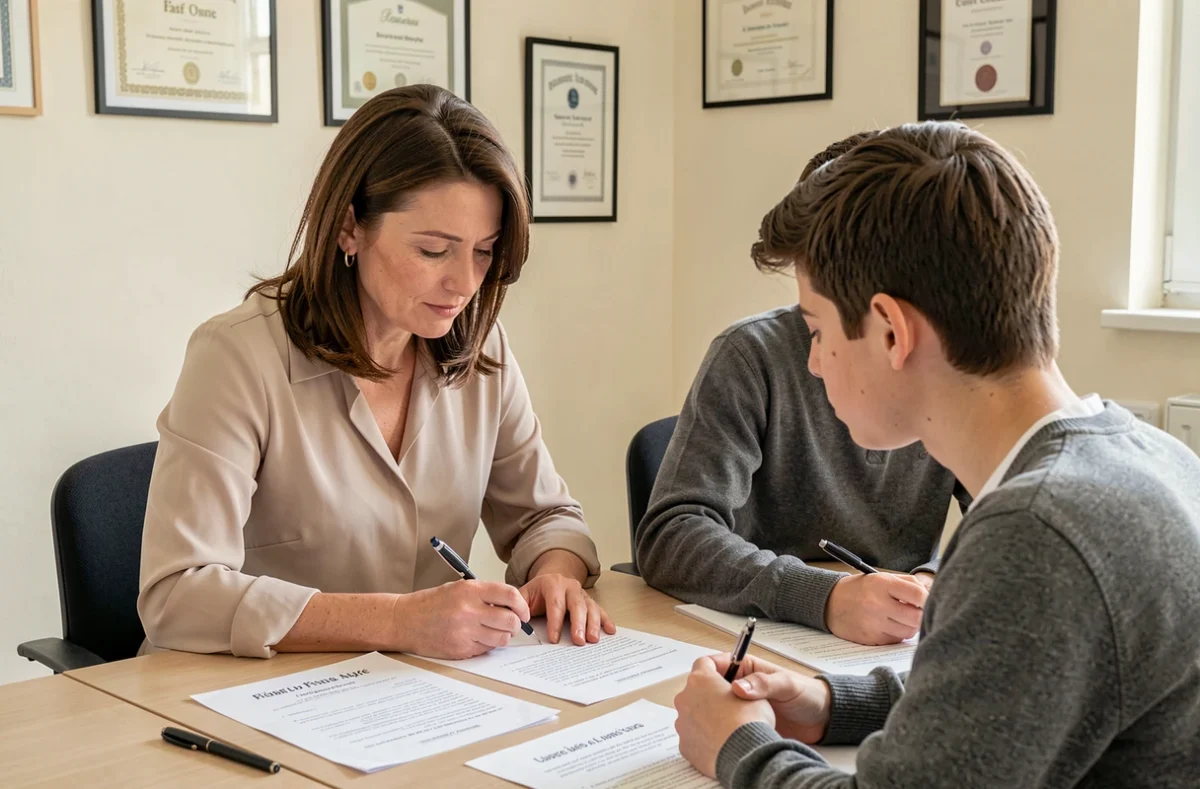Une tutrice de Solution Cours accompagne un lycéen en littérature française dans un bureau en Essonne