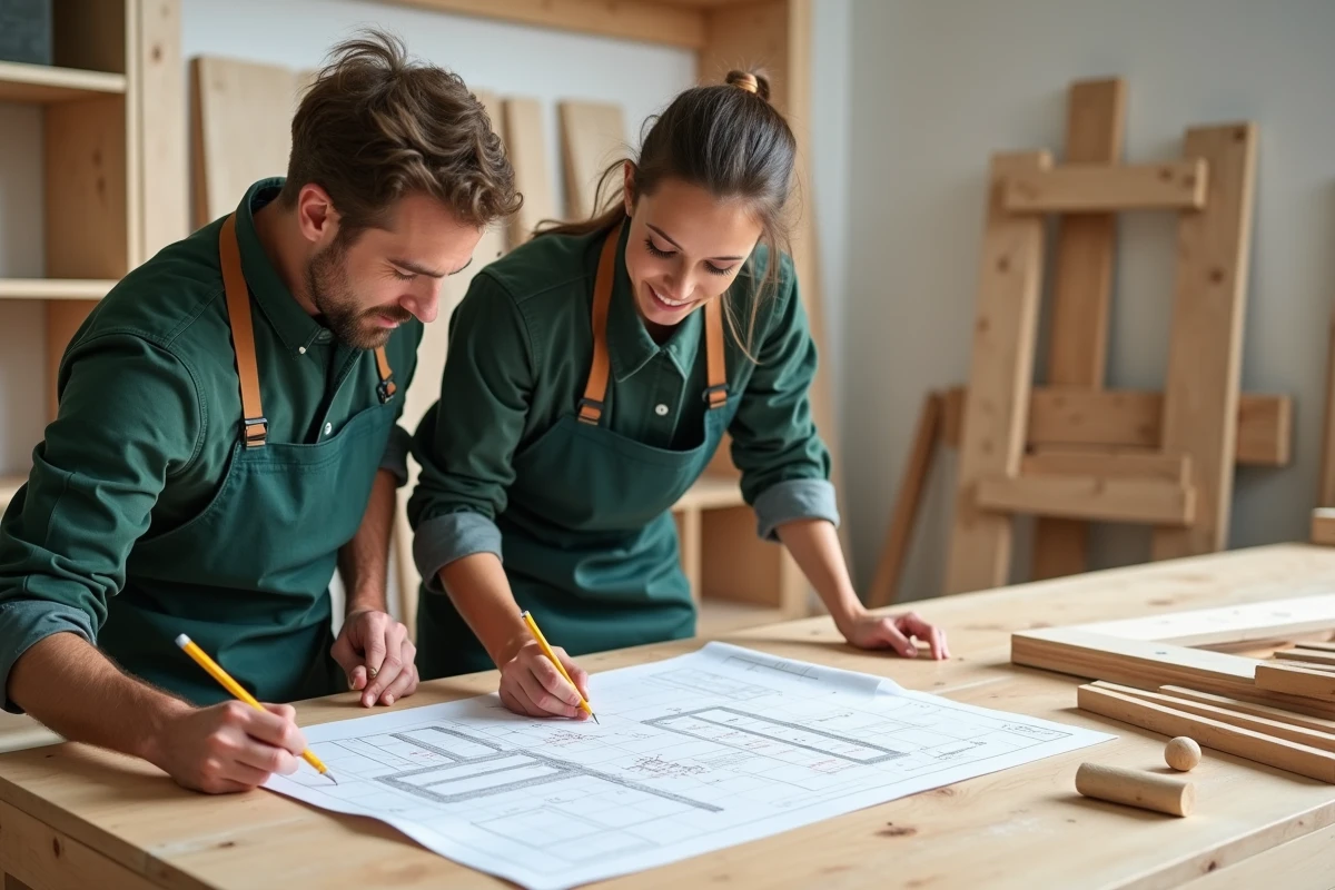 Deux stagiaires en formation menuiserie étudiant des plans techniques dans un centre de formation professionnel