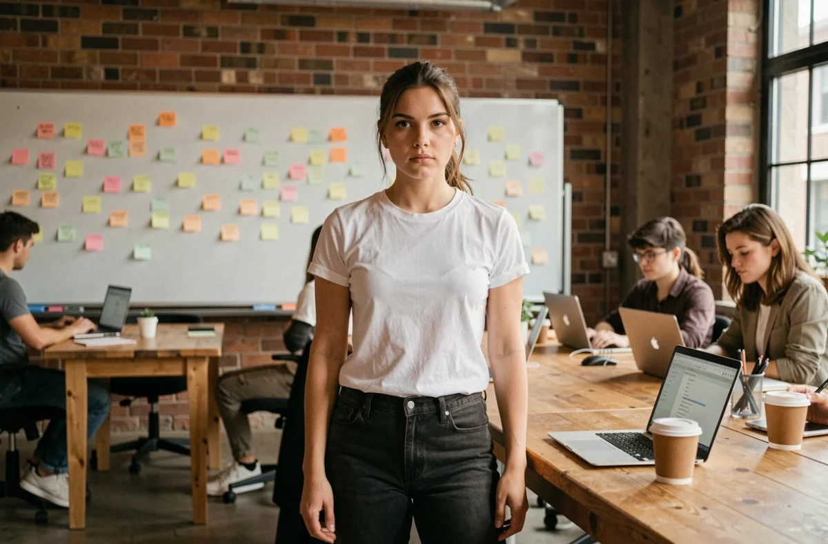 Jeune femme entrepreneur debout dans un espace de coworking startup avec tableau blanc et notes, représentant le lancement direct en entrepreneuriat sans passer par de longues études
