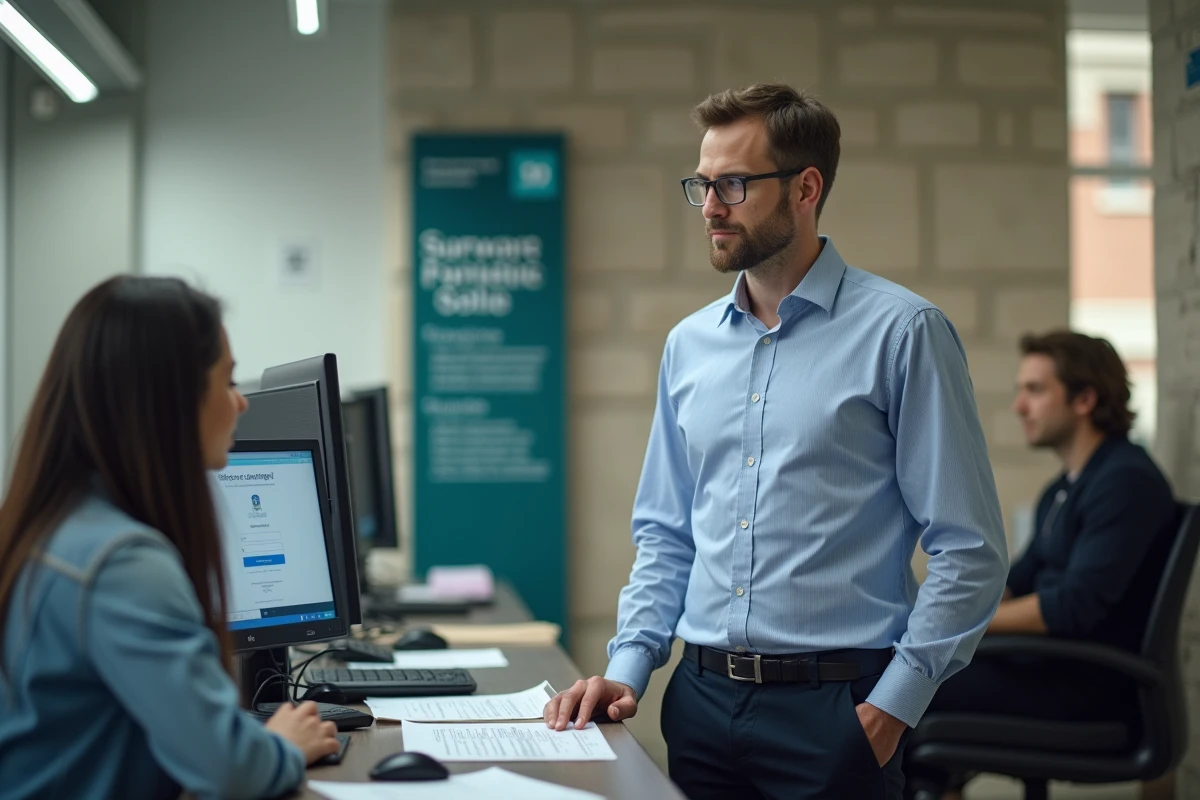 Technicien informatique aidant un étudiant à un bureau moderne
