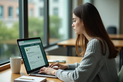 Jeune femme synchronisant sa messagerie académique AC Strasbourg sur un ordinateur portable dans un bureau moderne