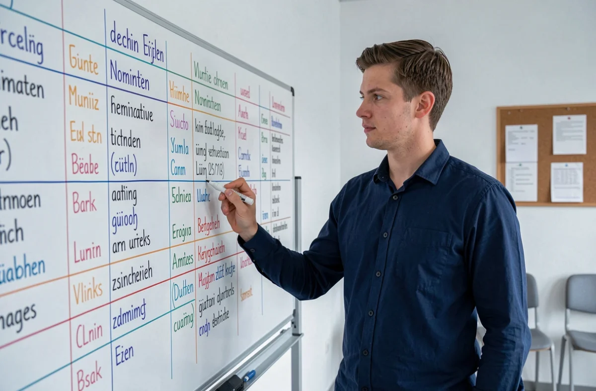 Homme expliquant les tableaux de déclinaison allemande sur un tableau blanc dans une salle de cours minimaliste