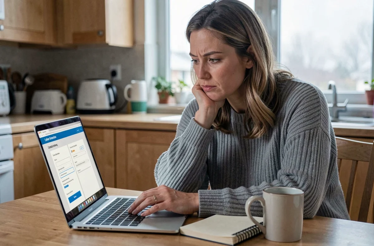 Femme à domicile réalisant un test d'orientation professionnelle en ligne sur son ordinateur portable à la table de cuisine