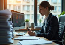Employé concentré dans un bureau organisé avec papiers et écrans