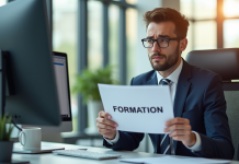 Employé confus tenant un document formation dans un bureau lumineux