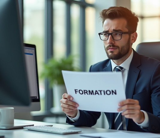 Employé confus tenant un document formation dans un bureau lumineux