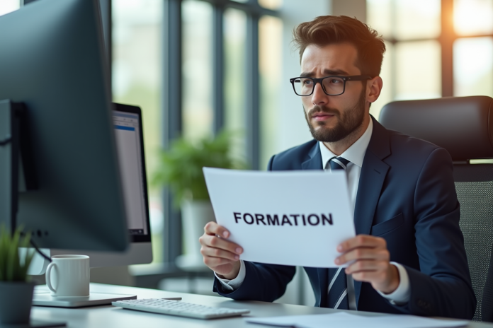 Employé confus tenant un document formation dans un bureau lumineux