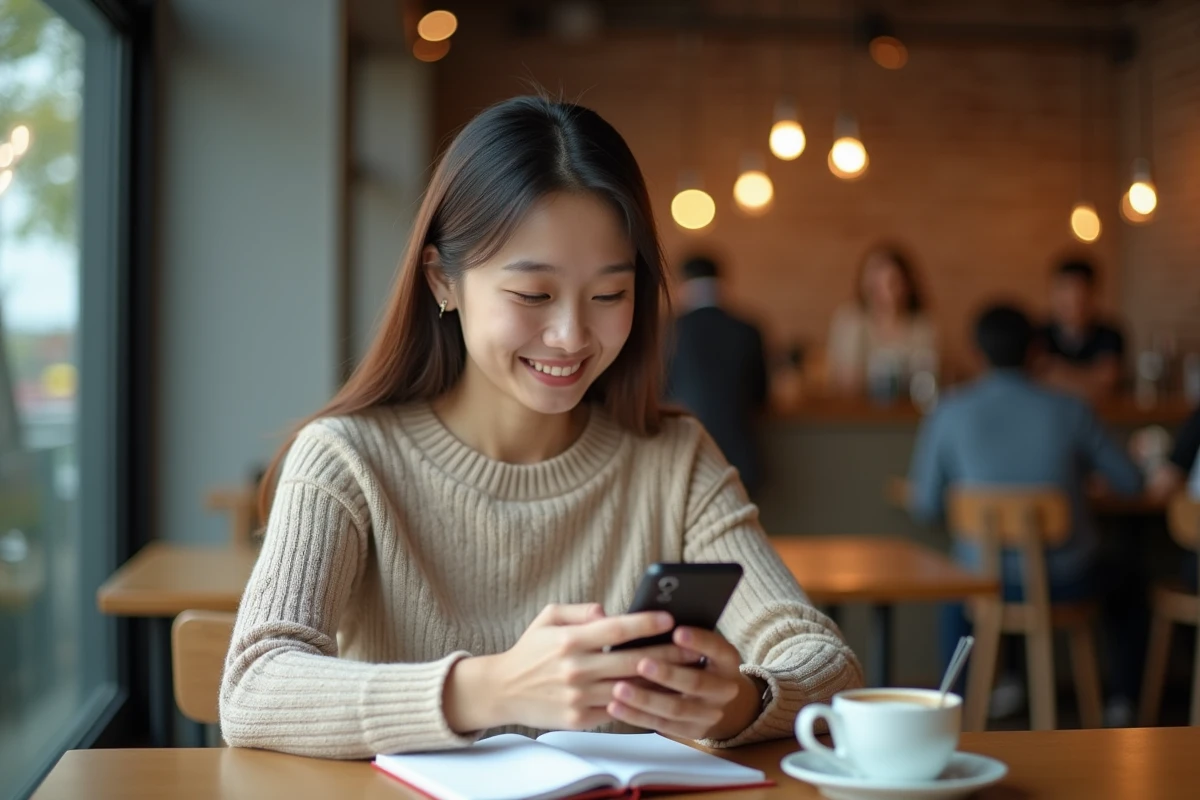 Jeune femme vérifiant son solde CPF sur smartphone dans un café pour atteindre le plafond 2026